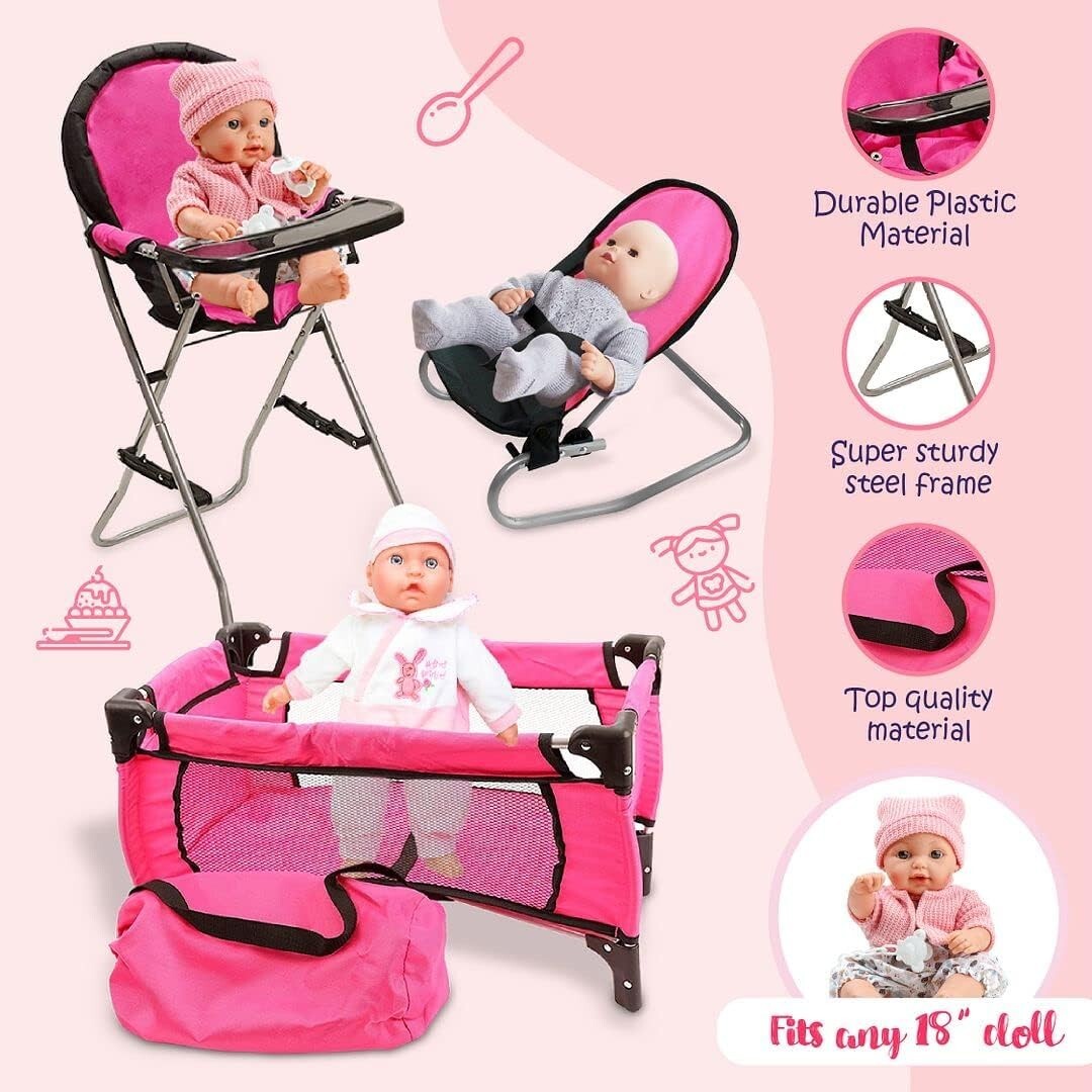 Charming 3-in-1 Baby Doll Toy Set - High Chair, Crib & Bouncer for 18-Inch Dolls
