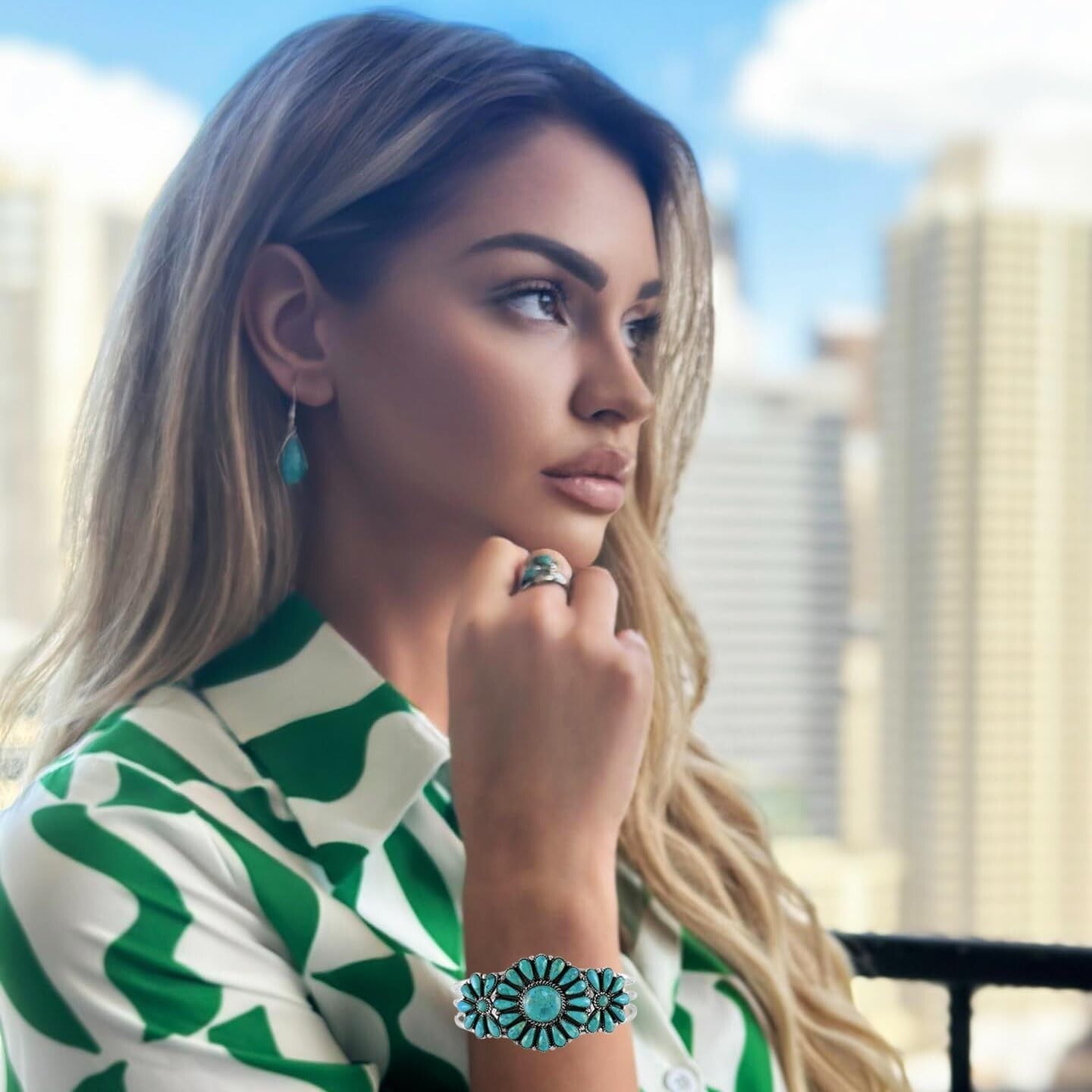 Handmade Adjustable 925 Sterling Silver Turquoise Cluster Bracelet for Women