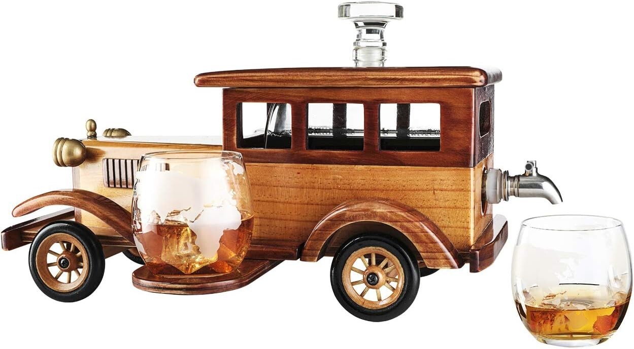 Large Car-Themed Whiskey Decanter Set with Metal Spigot - Perfect for Collectors