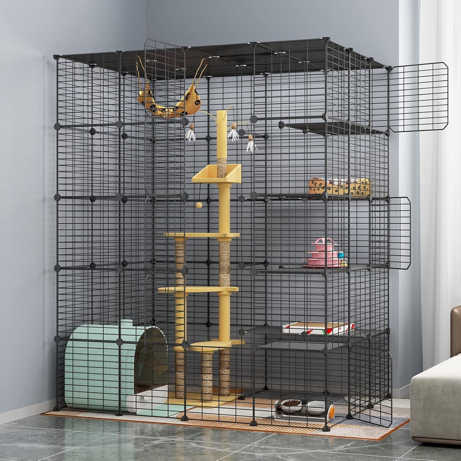 Multi-Pet Metal Cat Cage with 6 Access Points - Ideal Playpen for Cats & More