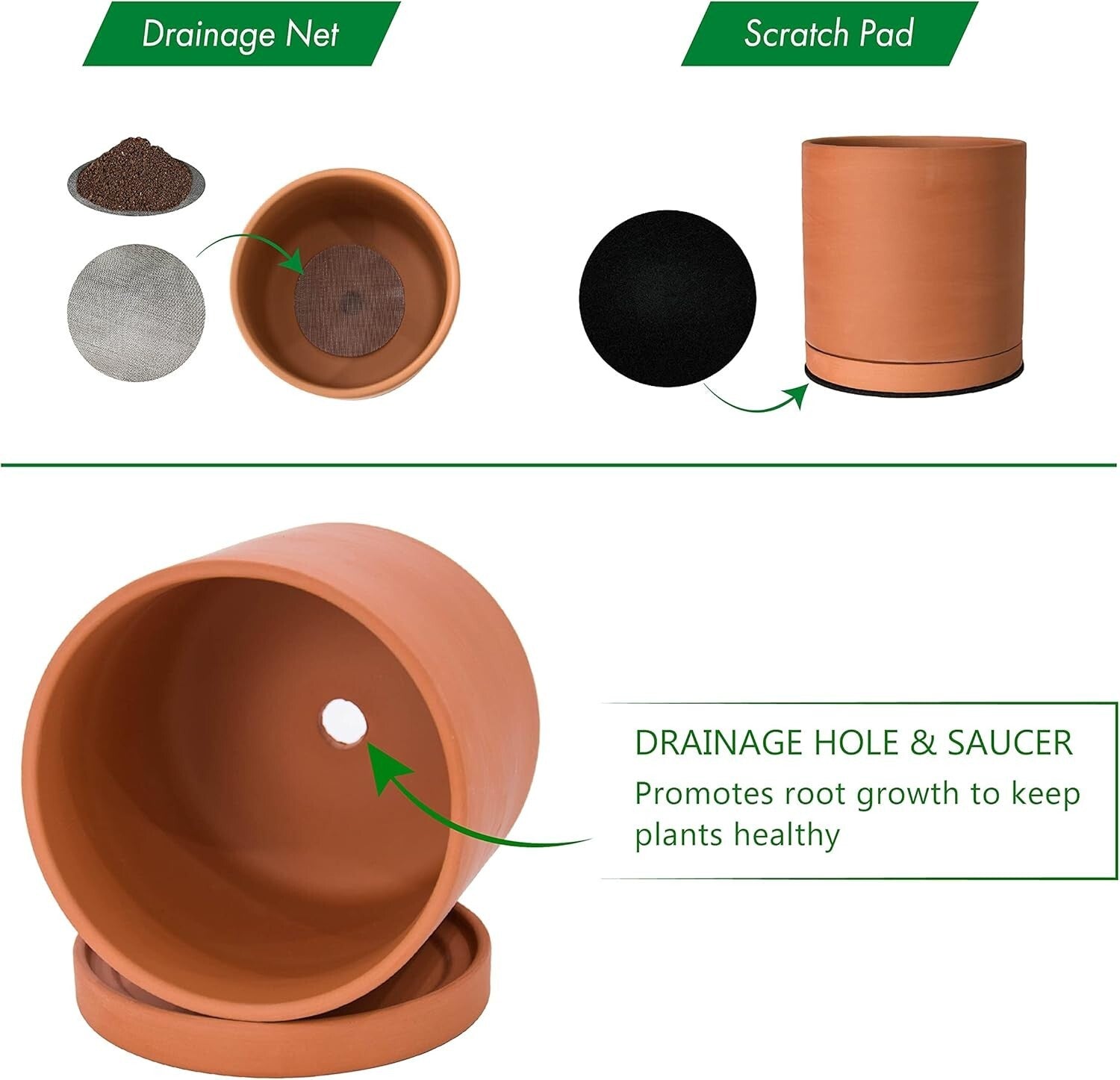 Elegant Set of 3 Terracotta Pots with Drainage and Saucers for Indoor Plants