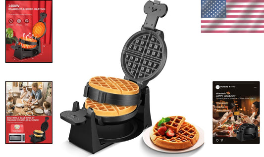 Double-Sided 180° Flip Waffle Maker - Nonstick Plates & Removable Drip Tray