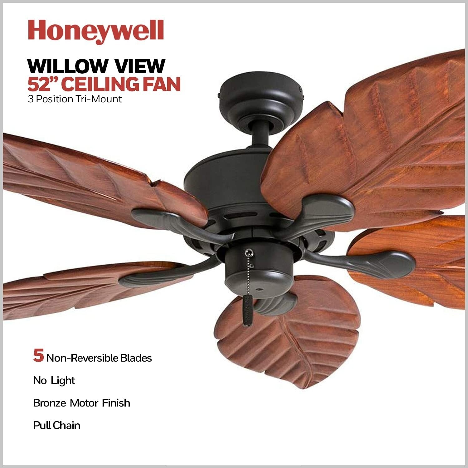 Elegant 52" Pull Chain Ceiling Fan with Reversible Airflow - Hand-Carved Design