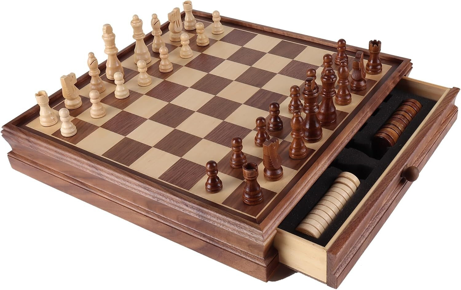 Elegant 15-Inch 2-in-1 Chess & Checkers Board Game Set with Storage Drawer