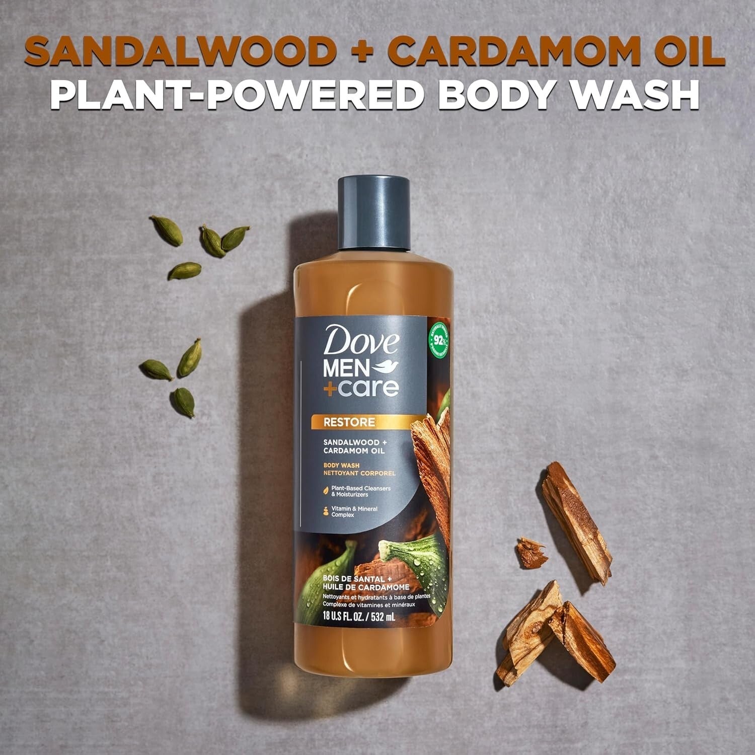 Sandalwood & Cardamom Men's Body Wash - 18 oz x 4 - Hydrates Skin Naturally