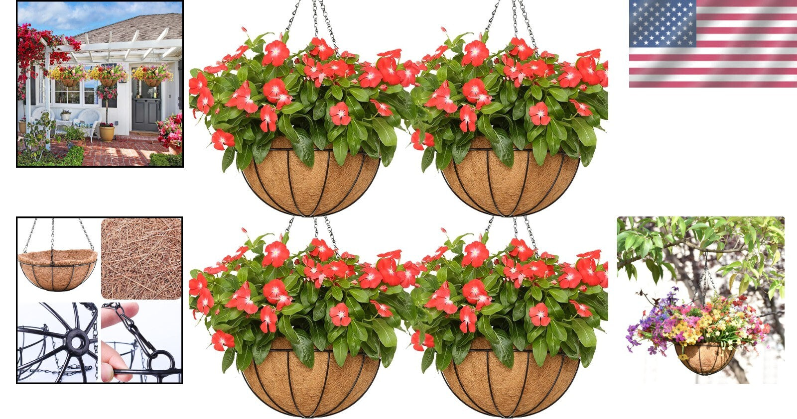 4-Pack 14" Rustic Hanging Baskets with Coco Liners for Vibrant Outdoor Plants