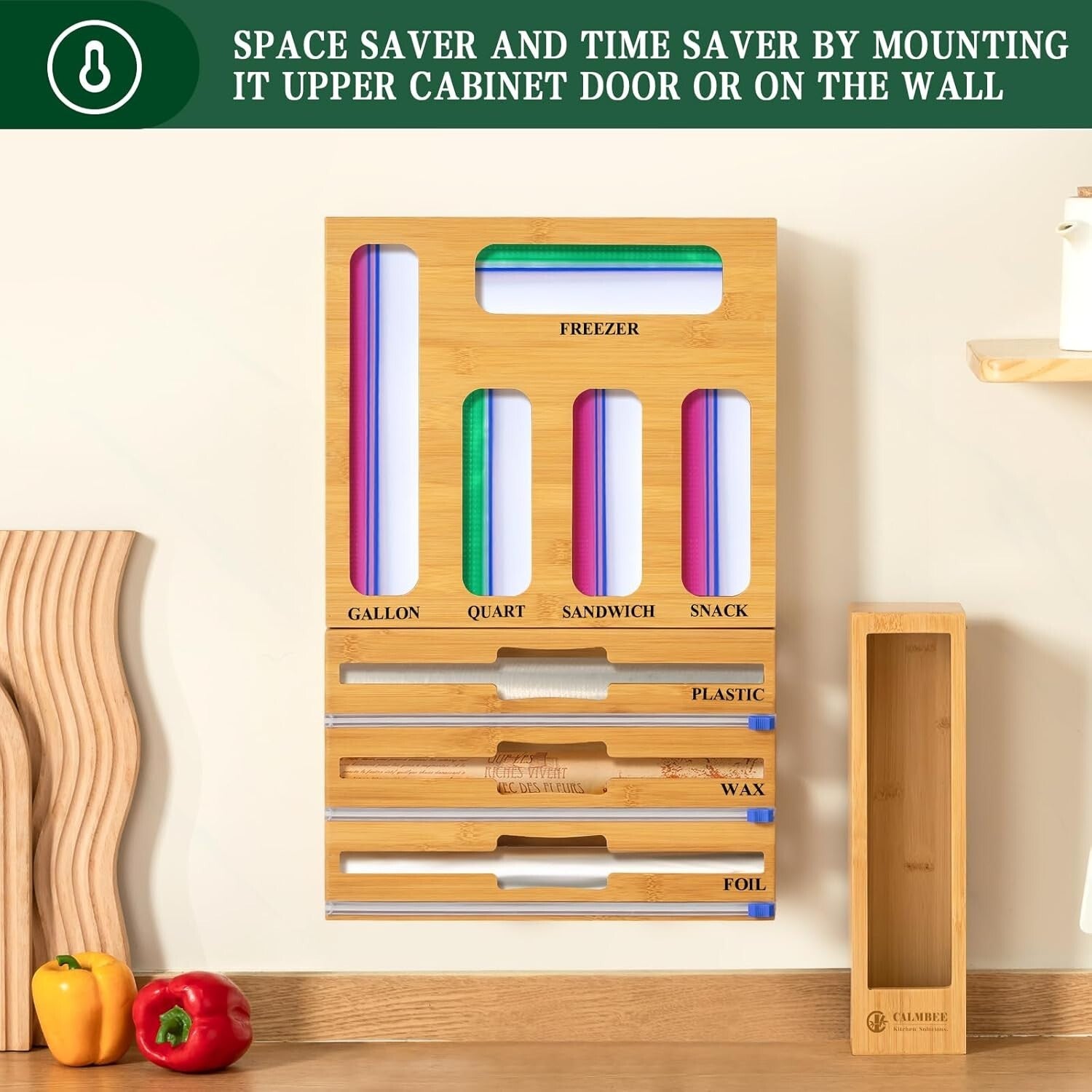 Elegant Bamboo Kitchen Storage Organizer with Slide Cutter & Labels Included