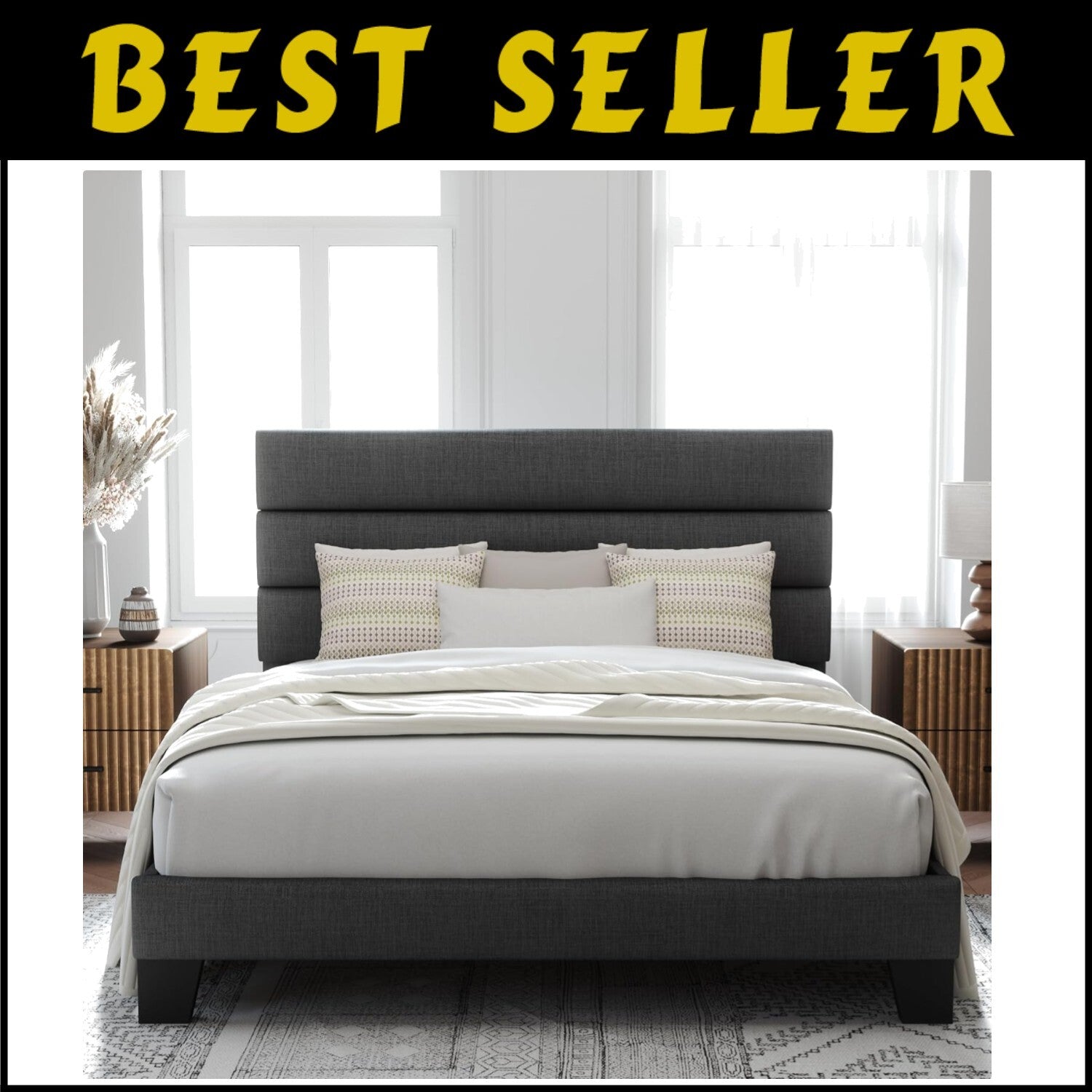 Minimalist Full Size Platform Bed Frame with Upholstered Headboard in Dark Grey
