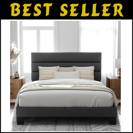 Minimalist Full Size Platform Bed Frame with Upholstered Headboard in Dark Grey