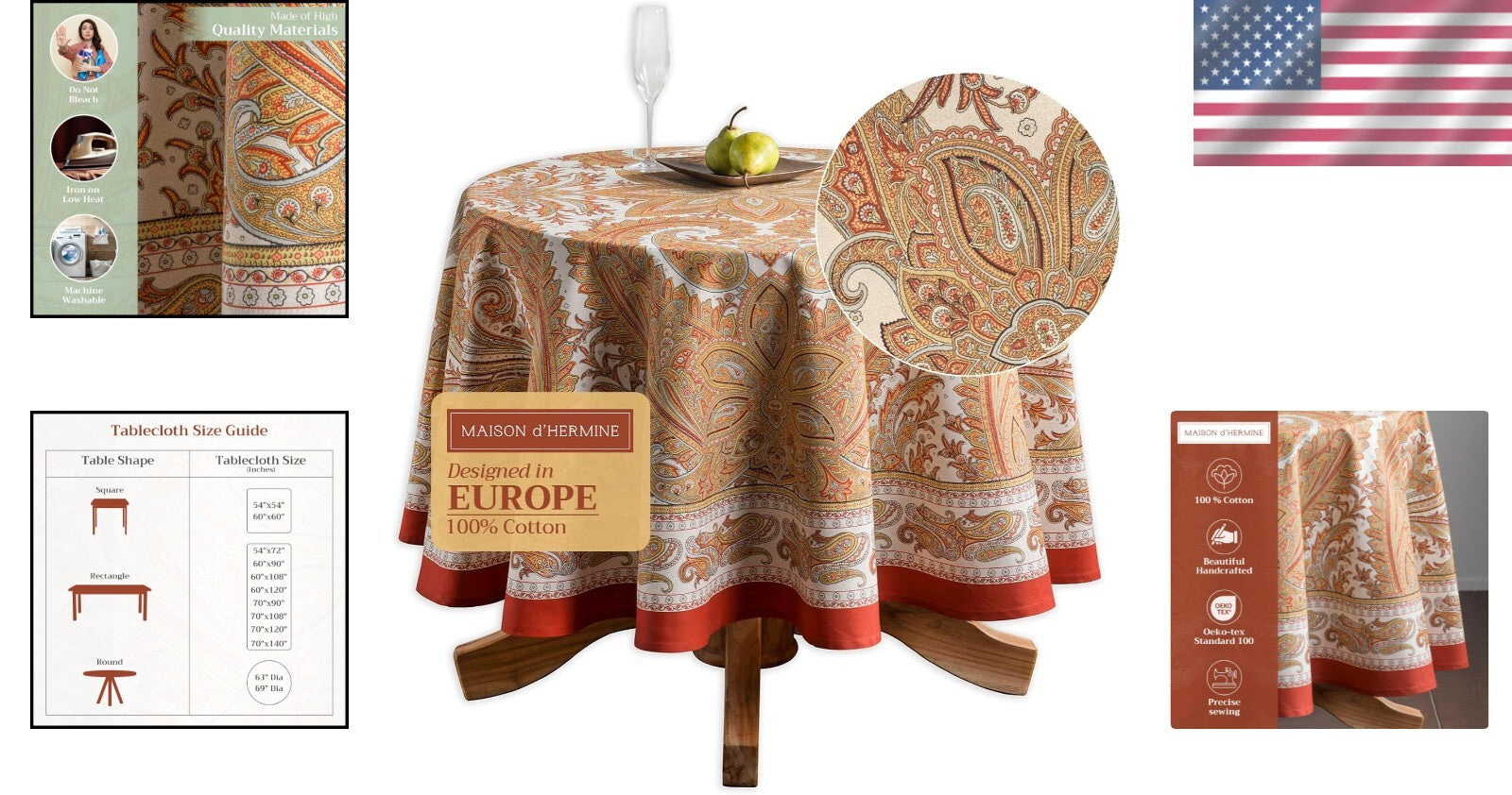 Round Cotton Tablecloth 63 Inches - Elegant Kashmir Paisley for All Occasions