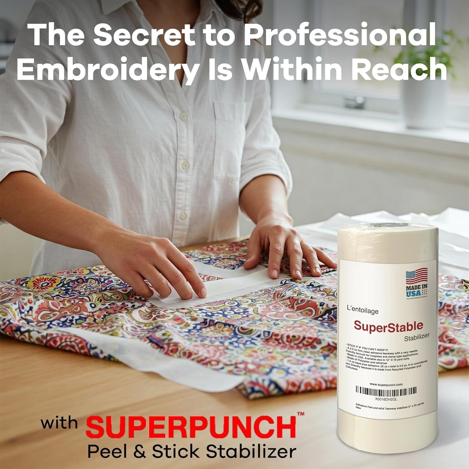 Self-Adhesive Tear Away Stabilizer Roll - 8-Inch x 25-Yard, No Residue Finish