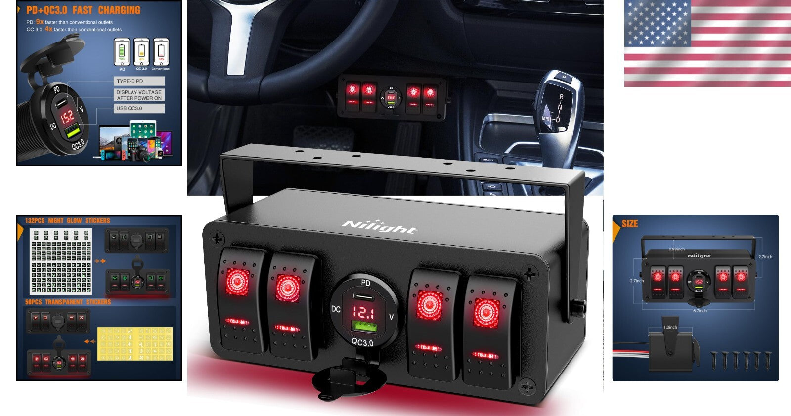 Rocker Switch Box with 4 Gang Control, USB Charger & Adjustable Mount Bracket