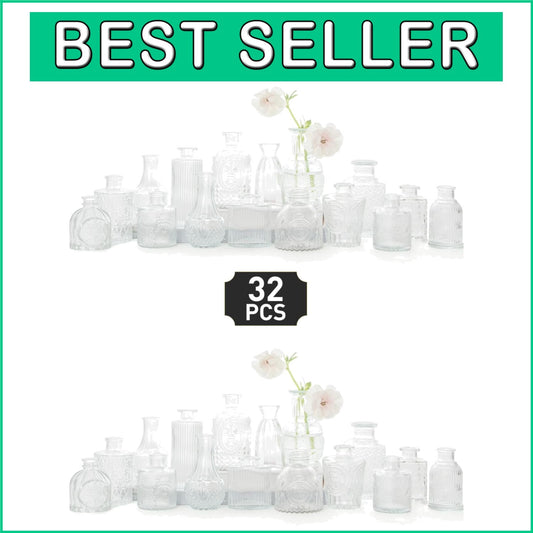 Chic Vintage Glass Bud Vases Set of 32 - Rustic Flower Decor for Any Occasion