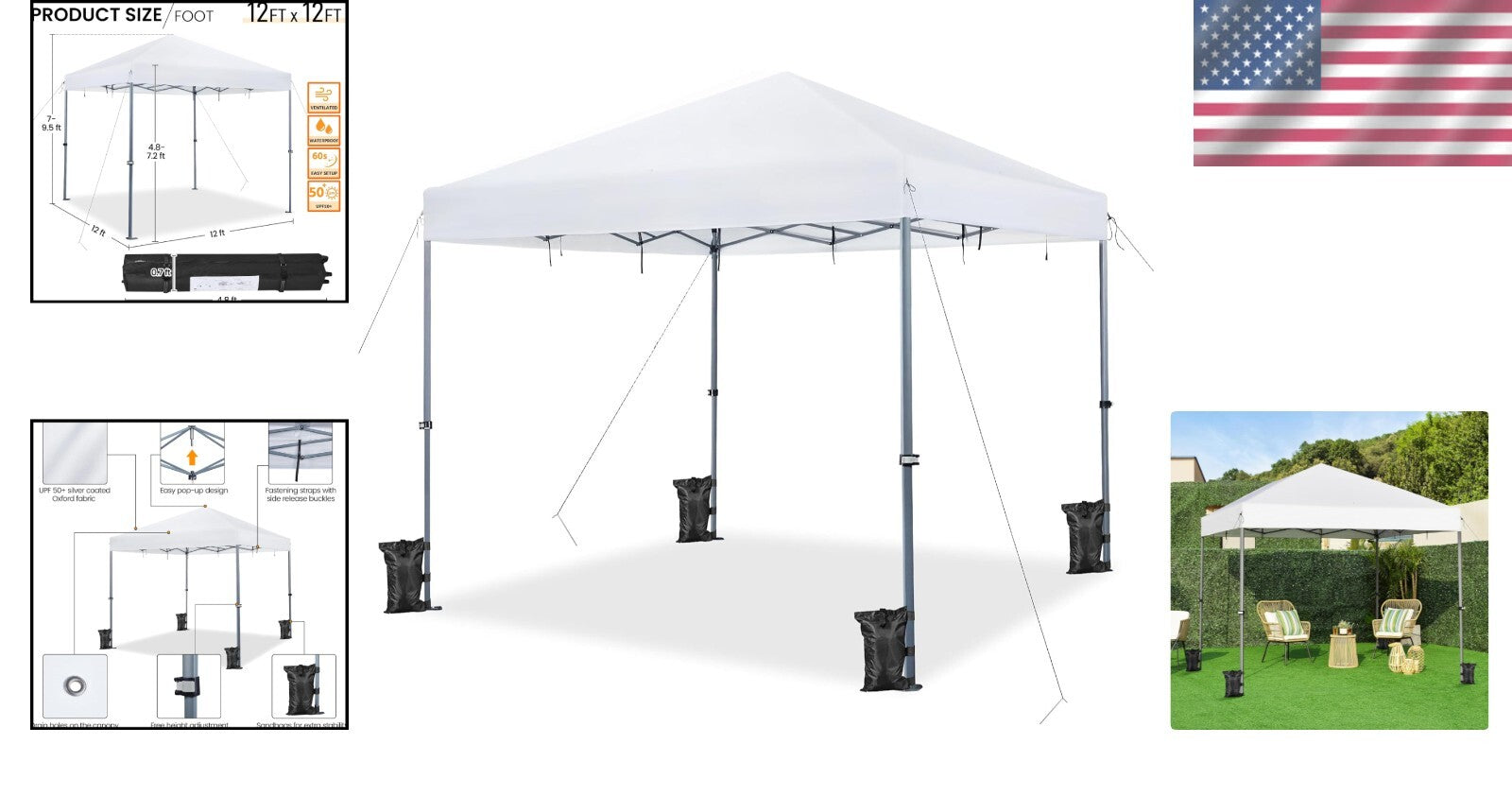 Instant 12x12 Gazebo Canopy with Roller Bag & Four Sandbags for Convenient Setup