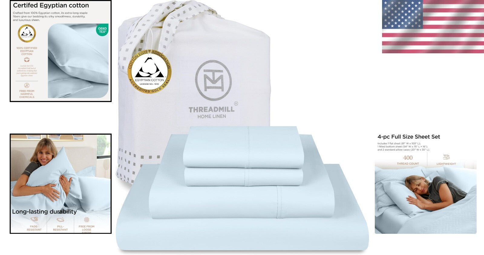 Elegant Light Blue Egyptian Cotton Sheets - 400 TC Cooling Set for Full Beds