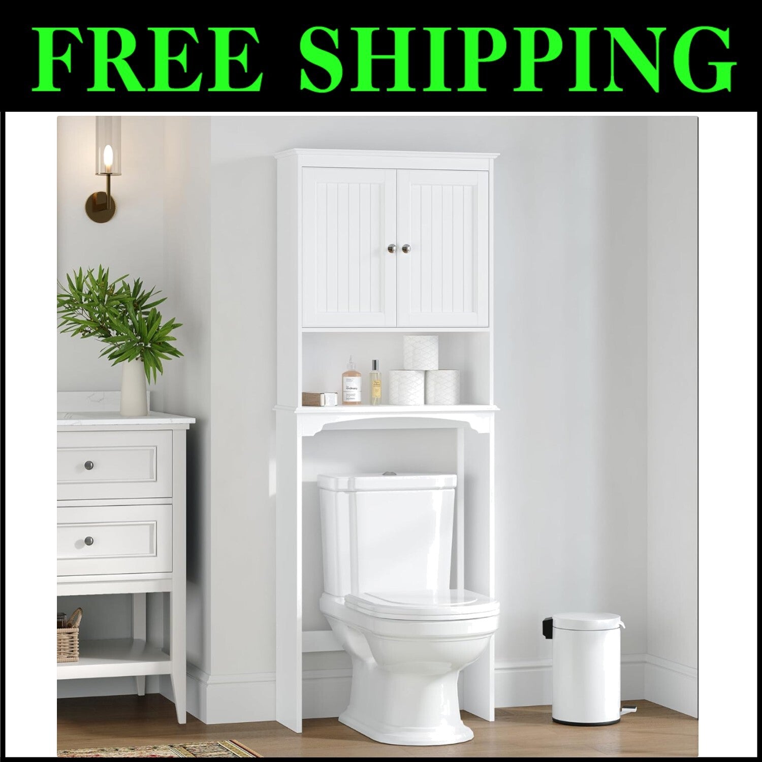 Elegant White Over Toilet Storage Cabinet with Adjustable Shelves for Bathrooms