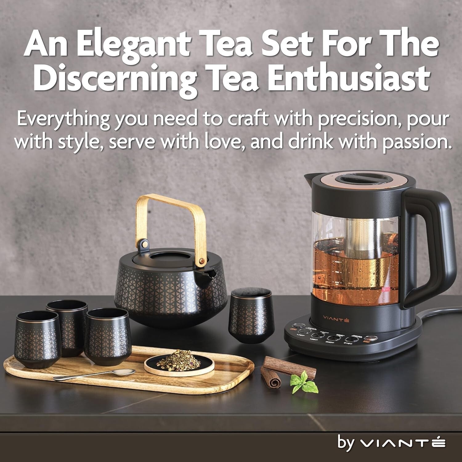 Deluxe Electric Kettle with Tea Infuser, Ceramic Teapot & Cups on Wood Tray