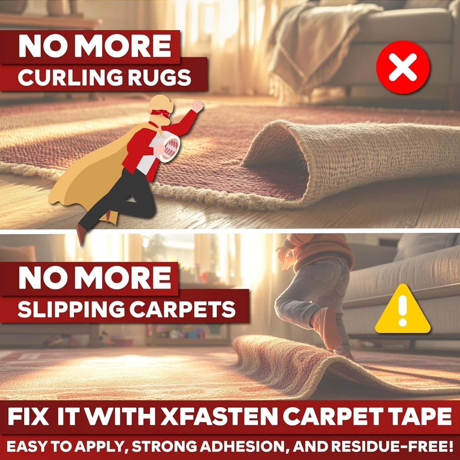 UV-Resistant Double Sided Carpet Tape - Ideal for Area Rugs and Hardwood Floors