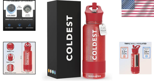 Durable 32 oz Coldest Insulated Bottle with Straw Lid - Stylish Mars Red Glitter