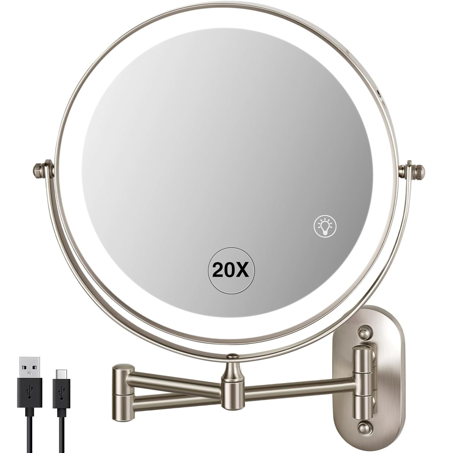 Double-Sided 20X/1X Makeup Mirror with Adjustable Brightness & 3 Color Lights