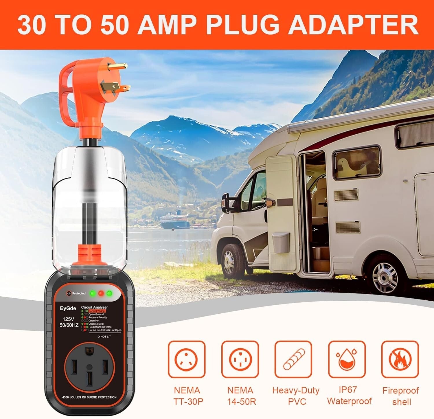 30A to 50A RV Power Adapter with LED Indicator & Waterproof Design for Campers