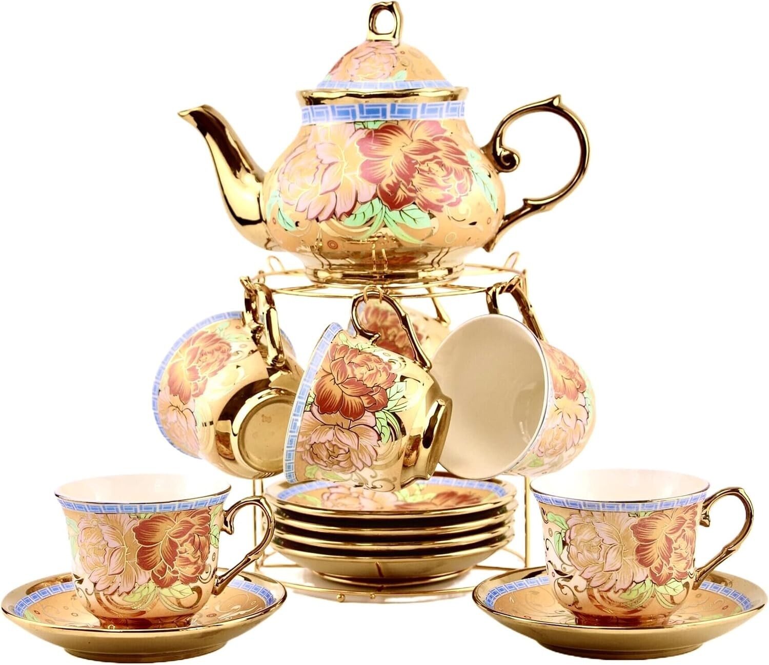 20-Piece European Porcelain Tea Set with Golden Holder - Flower Pattern