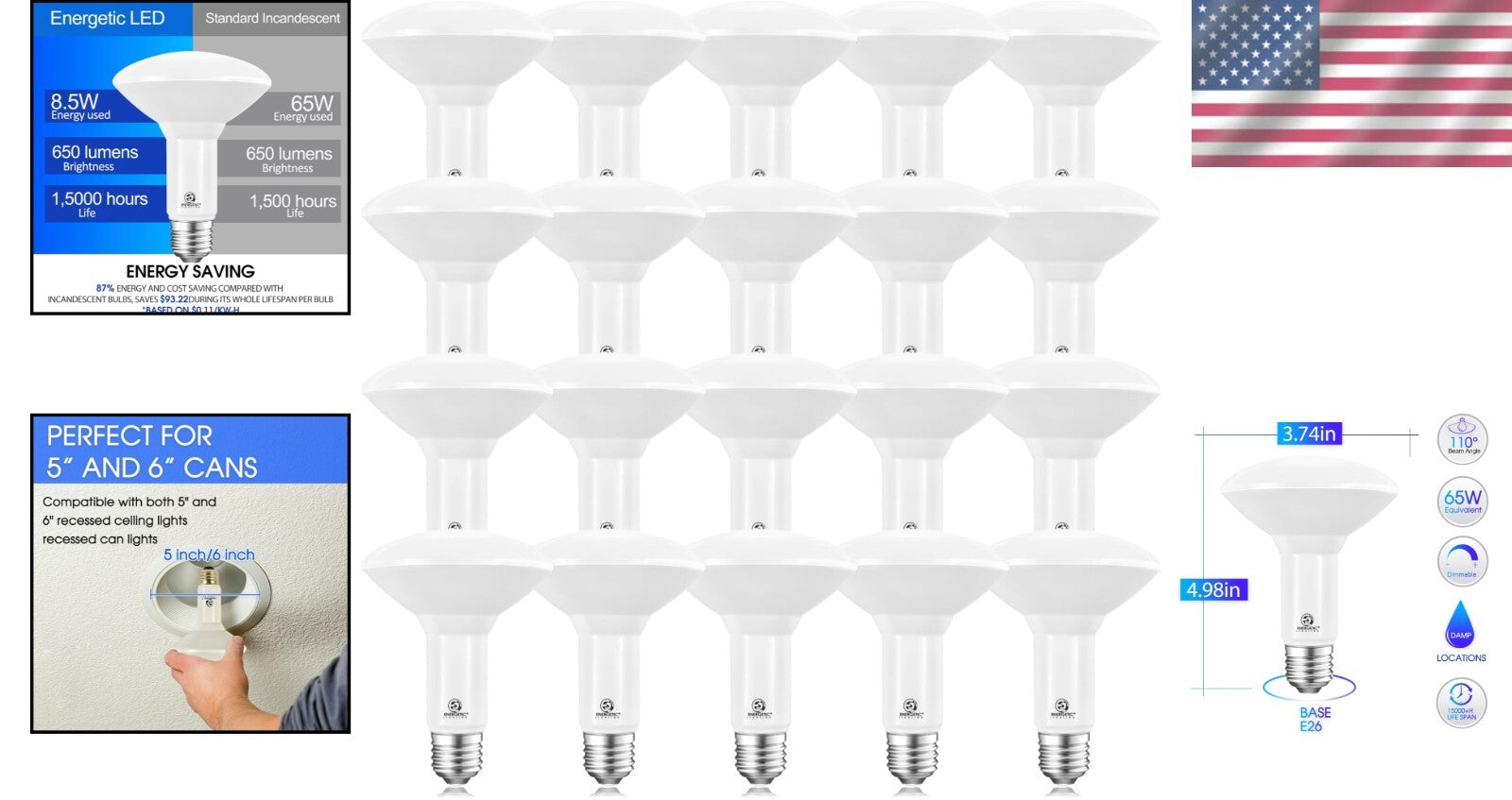 20-Pack of Eye-Friendly Dimmable LED Flood Bulbs, Warm White, 3000K Brightness