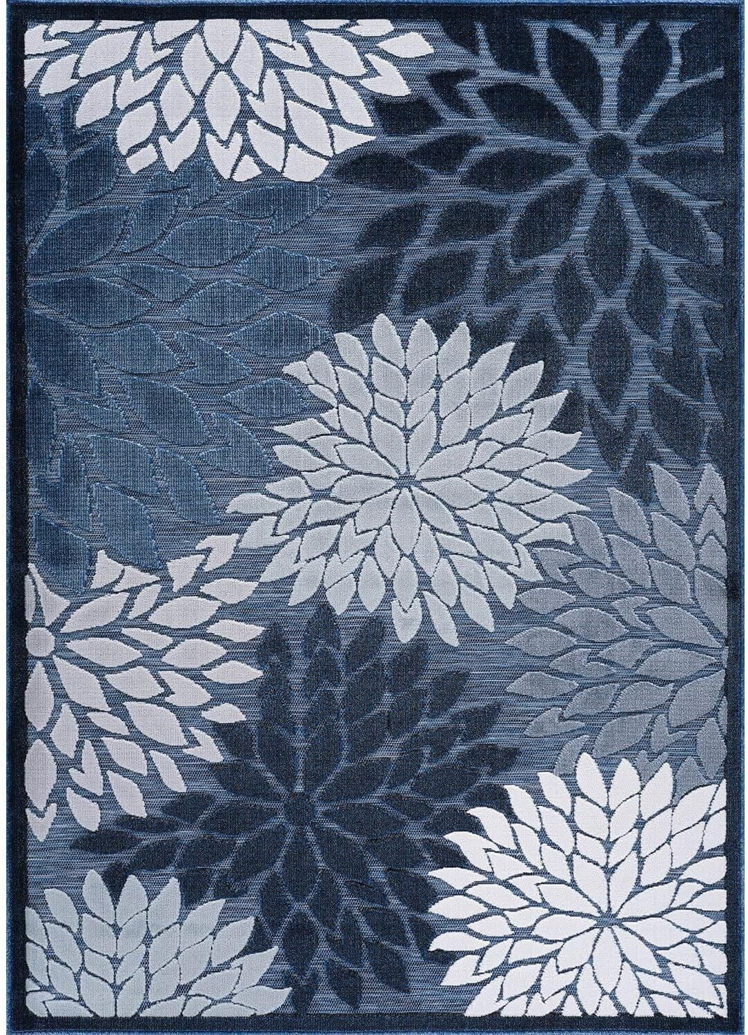 Stain Resistant Navy Blue Floral Area Rug 6x9 for Indoor & Outdoor Elegance