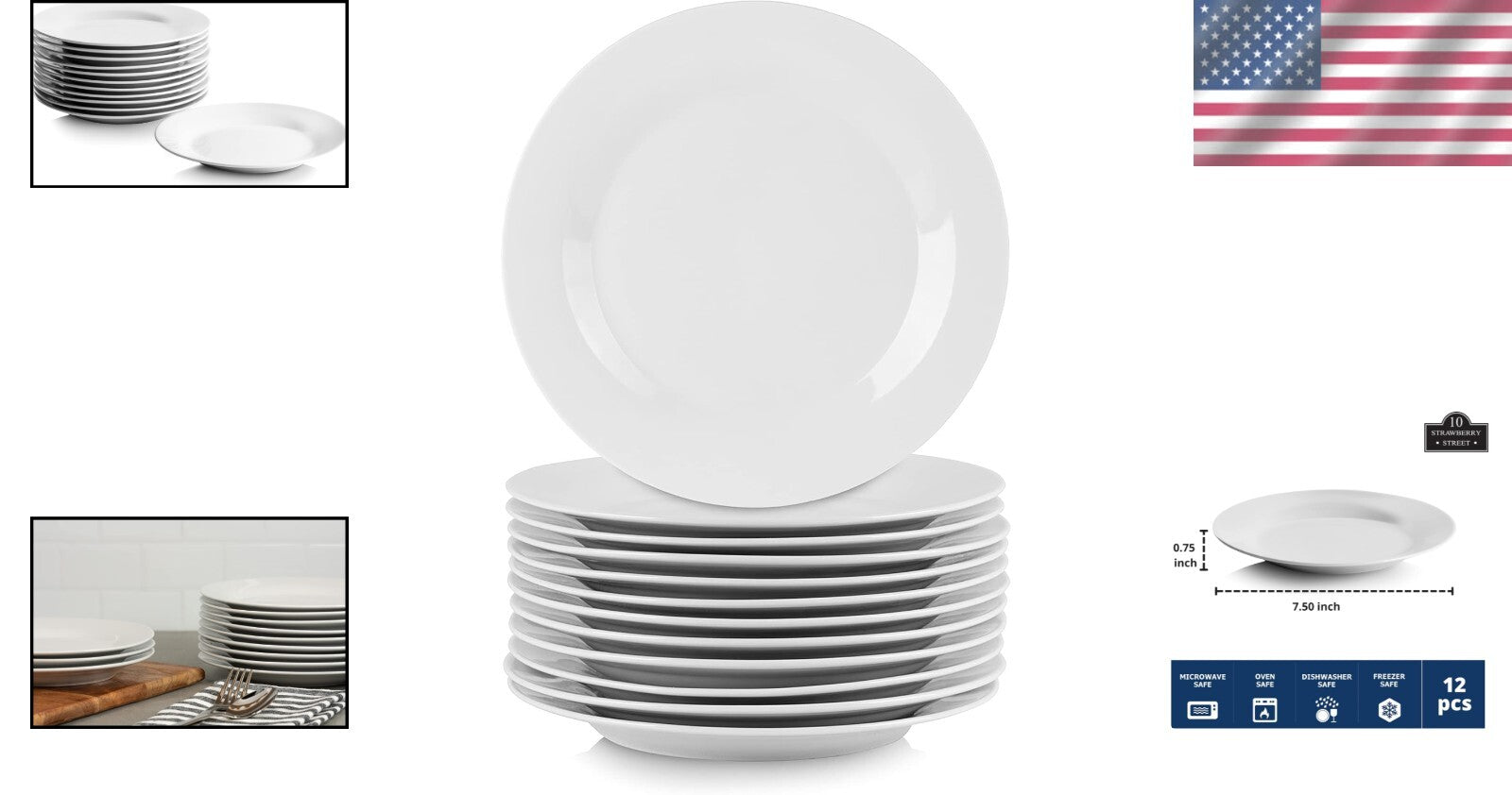 Classic Round White Plates Set - 12 Pieces, 7.5" Ceramic for Dining and Events