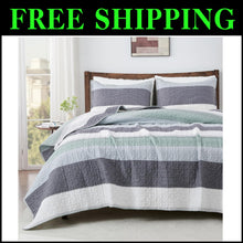 Load image into Gallery viewer, Soft Lightweight Mint Green Striped King Quilt Set with 2 Pillowcases - 3 Pieces