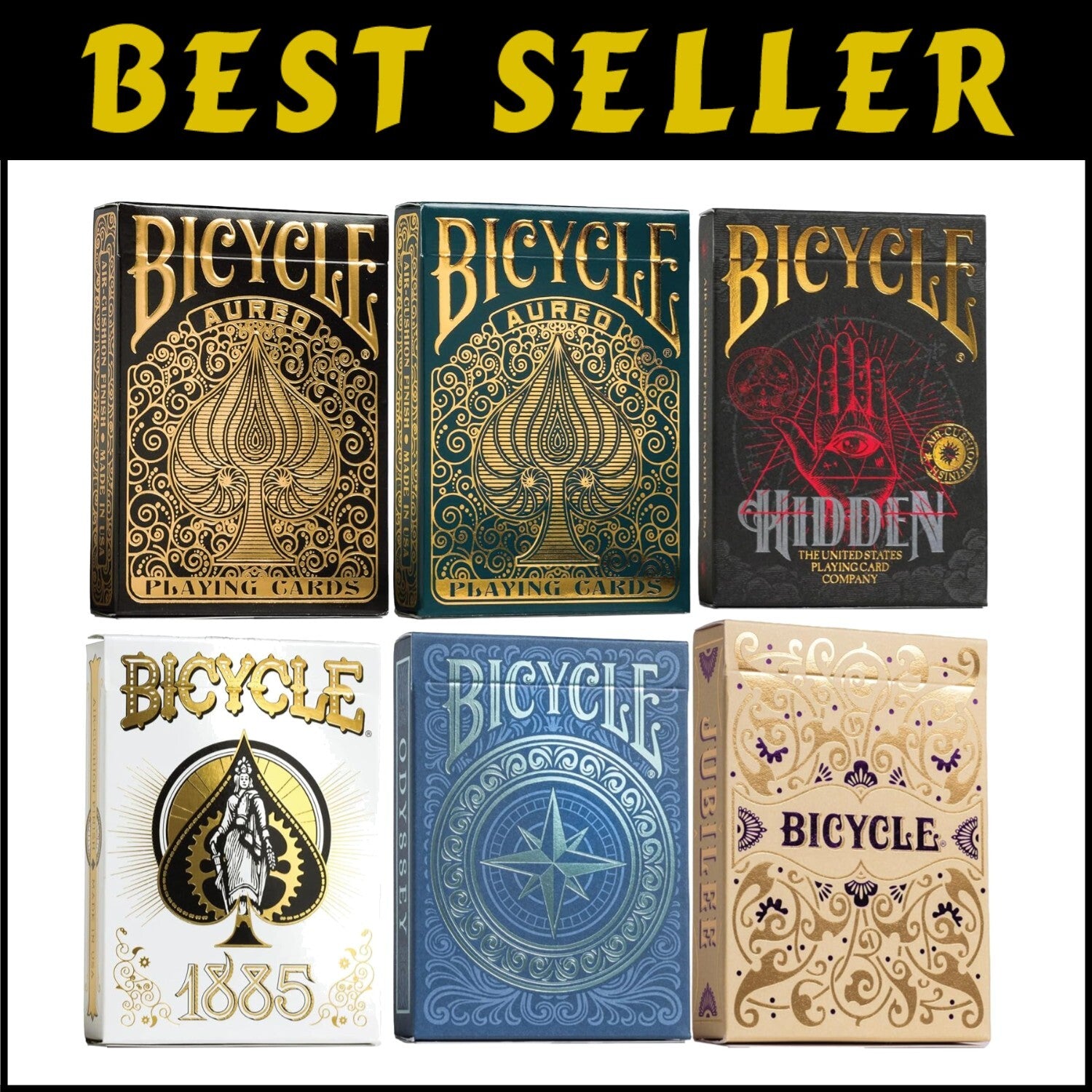 Collector's Set: 6 Unique Bicycle Playing Cards in Premium Foil Tuck Boxes