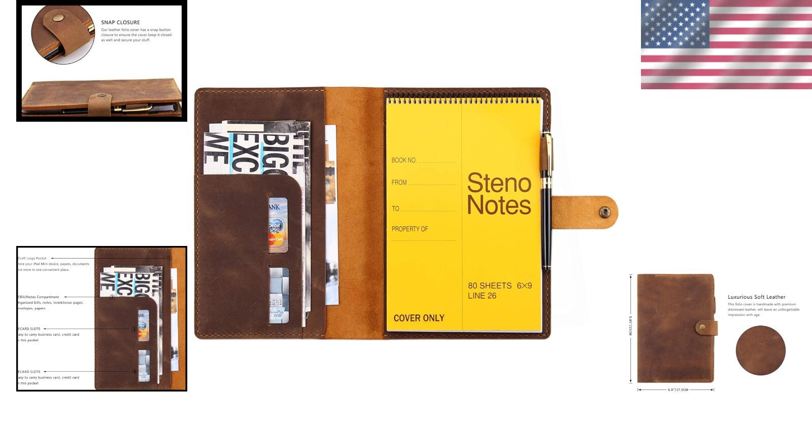 A5 Leather Organizer for Note-taking: 6"x9" Steno Notebook Cover with Slots