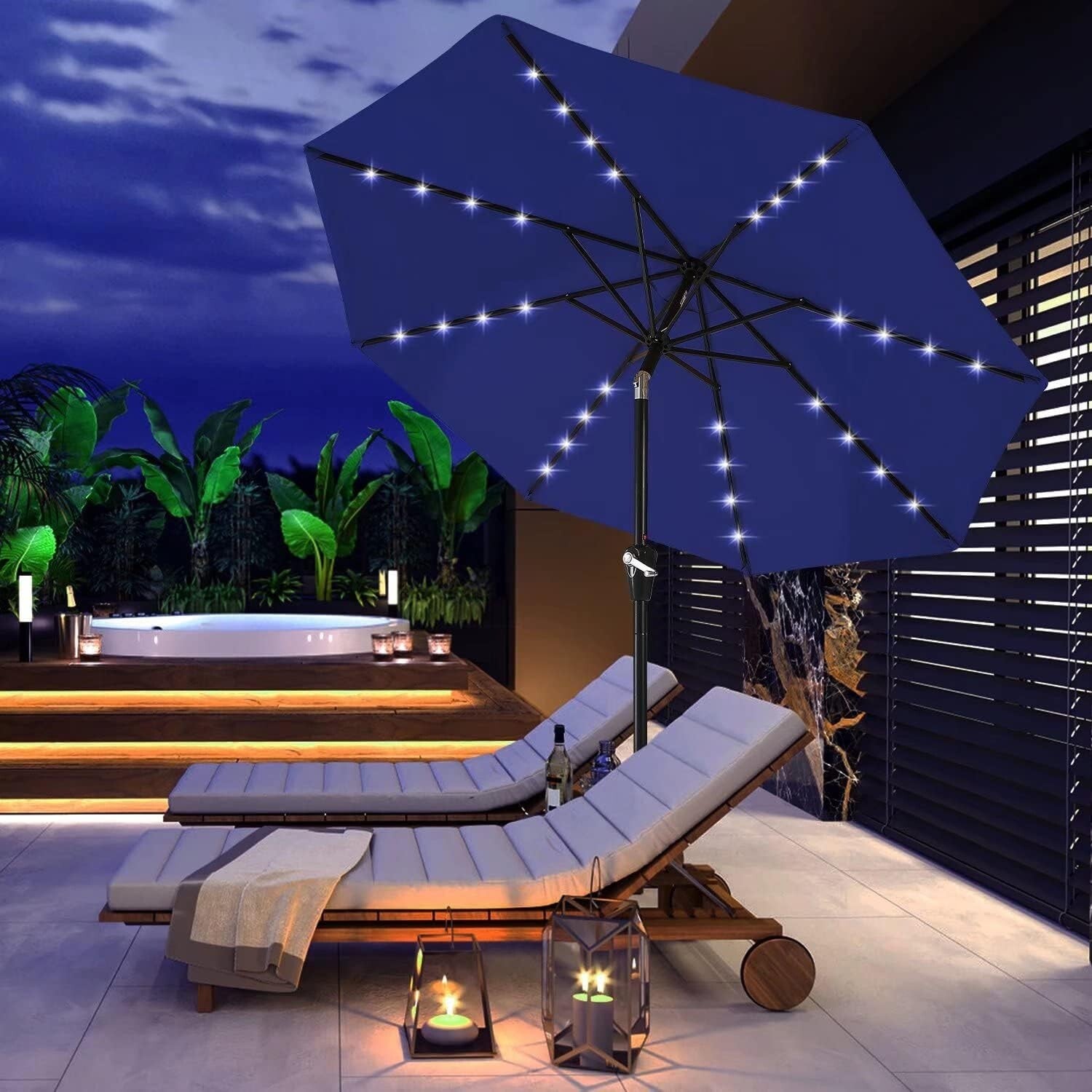 Durable Royal Blue Patio Umbrella with 32 Solar LED Lights - Effortless Shade