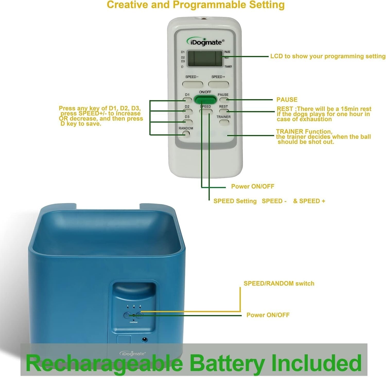 Rechargeable Automatic Tennis Ball Thrower for Medium & Big Dogs - 3 Balls