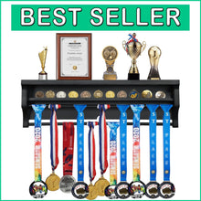 Load image into Gallery viewer, Space-Saving Wall Mount Medal Holder with 2 Shelves for Athletes - Black Finish