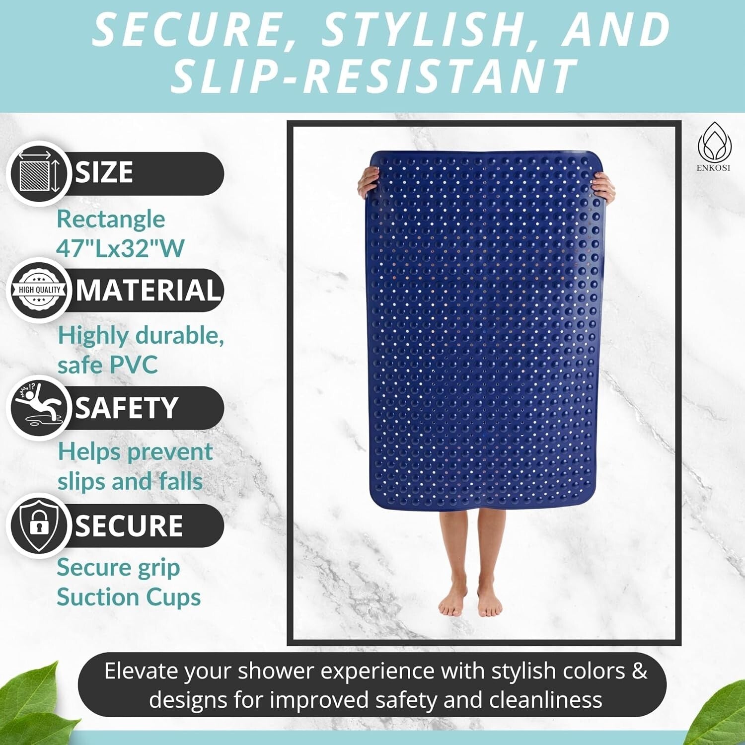 XL Bathroom Shower Mat 47x32 - Durable Anti-Slip with Drain Holes & Suction Cups