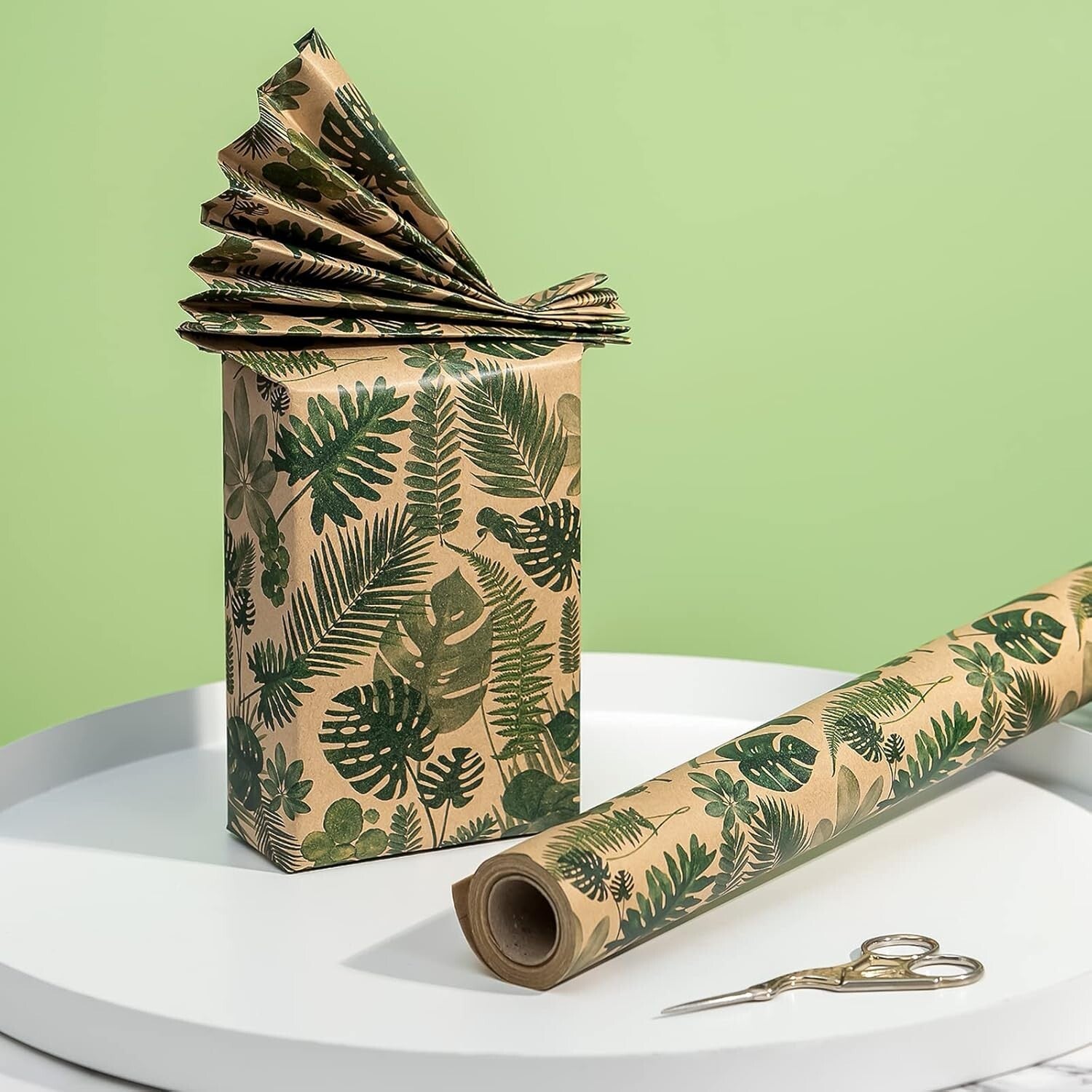 Eco-Friendly Kraft Wrapping Paper Roll with Floral Green Leaves - 196 Sq Ft