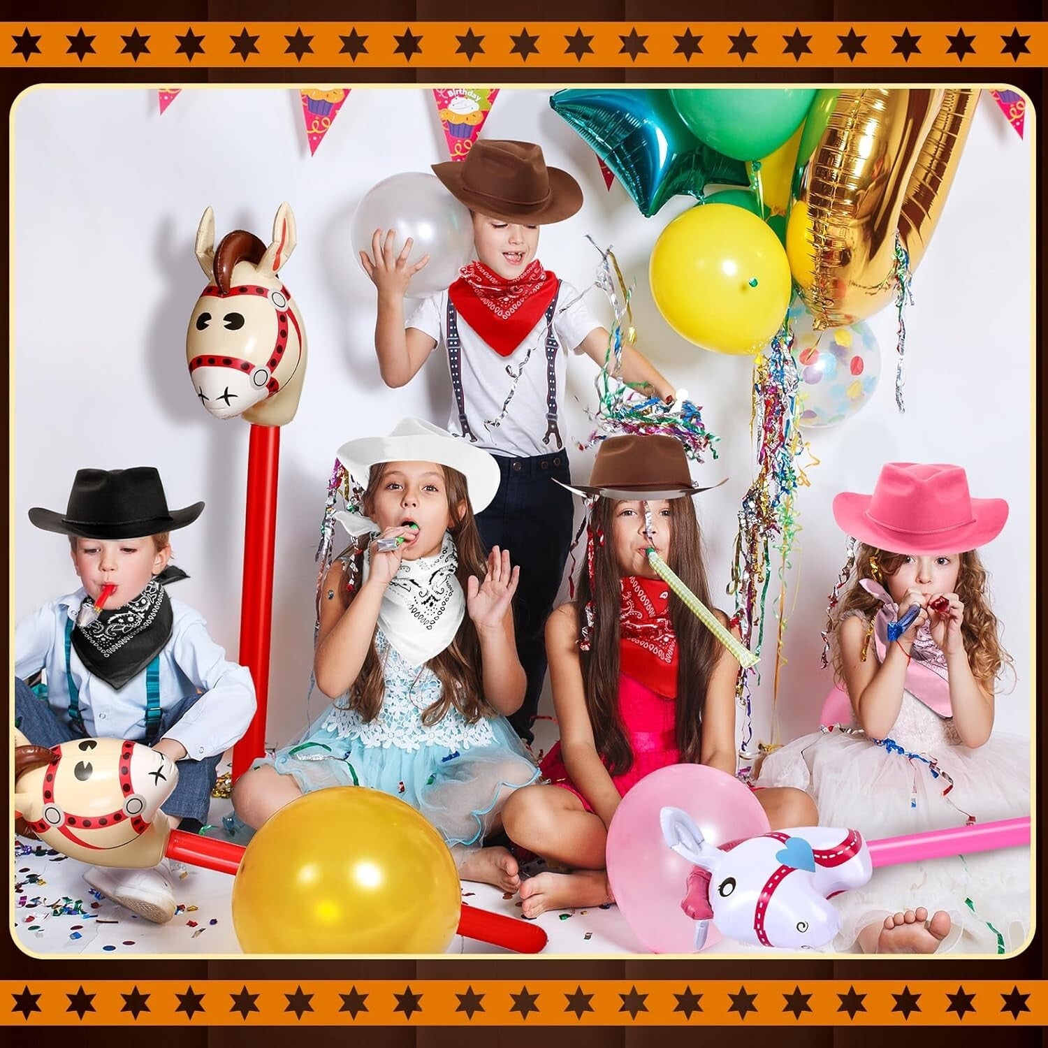 Fun Cowboy Costume Set - 36 Pcs of Hats, Bandanas & Inflatable Stick Horses