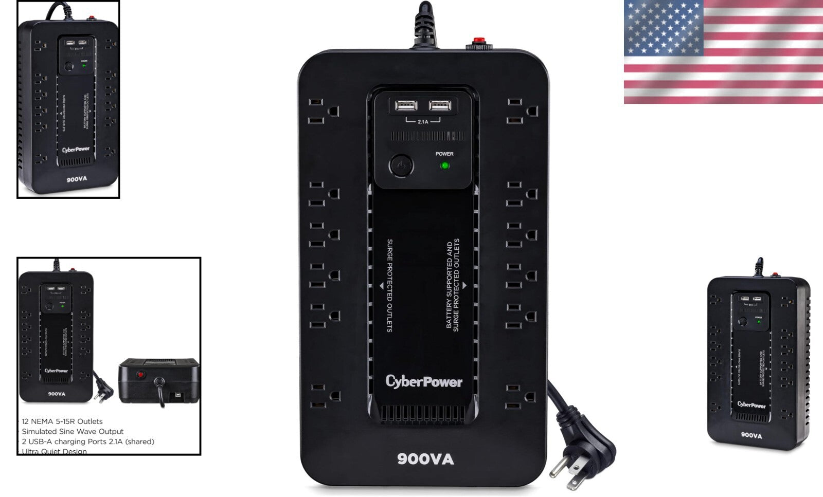 900VA/500W Uninterruptible Power Supply with USB Charging - Space-Saving Design