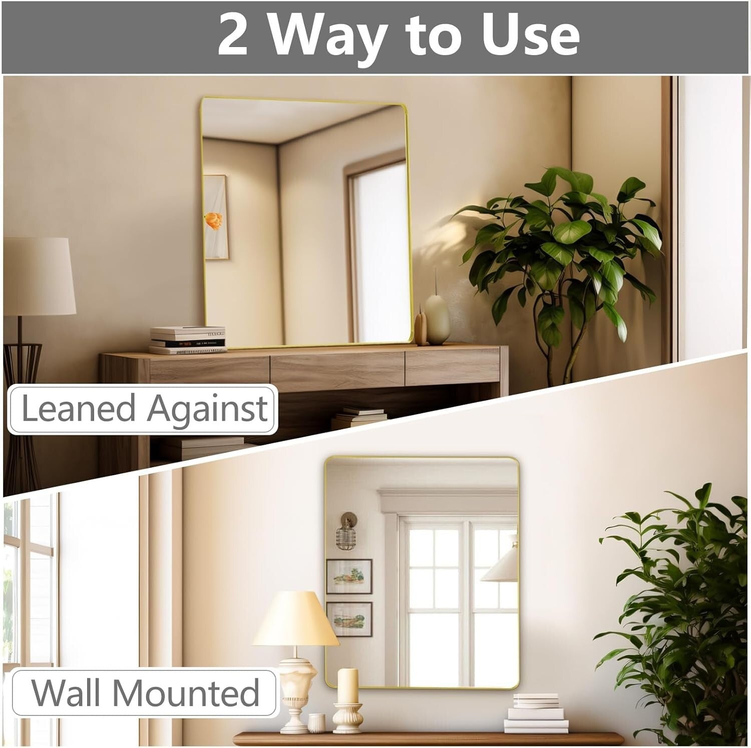 Sophisticated Gold Rectangular Mirror 36 x 30, Wall-Mounted or Leaned, Anti-Rust