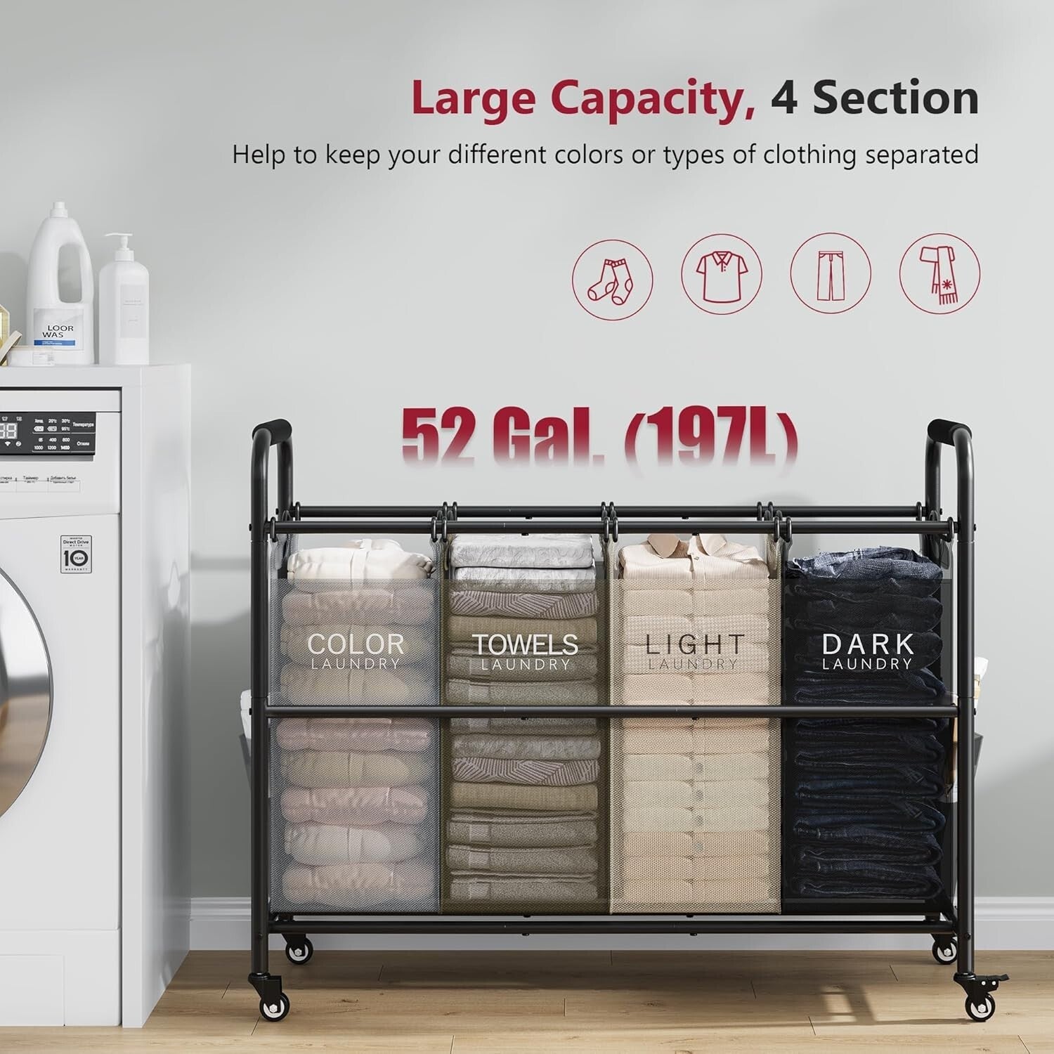 Heavy-Duty 4-Section Laundry Hamper on Wheels - Removable waterproof Bags
