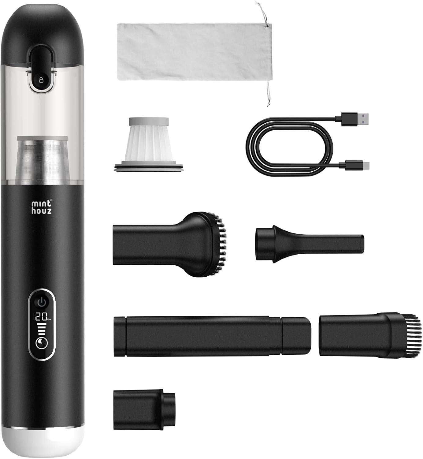 Portable Handheld Vacuum with LED Display & 5-in-1 Accessories - 20000PA Power