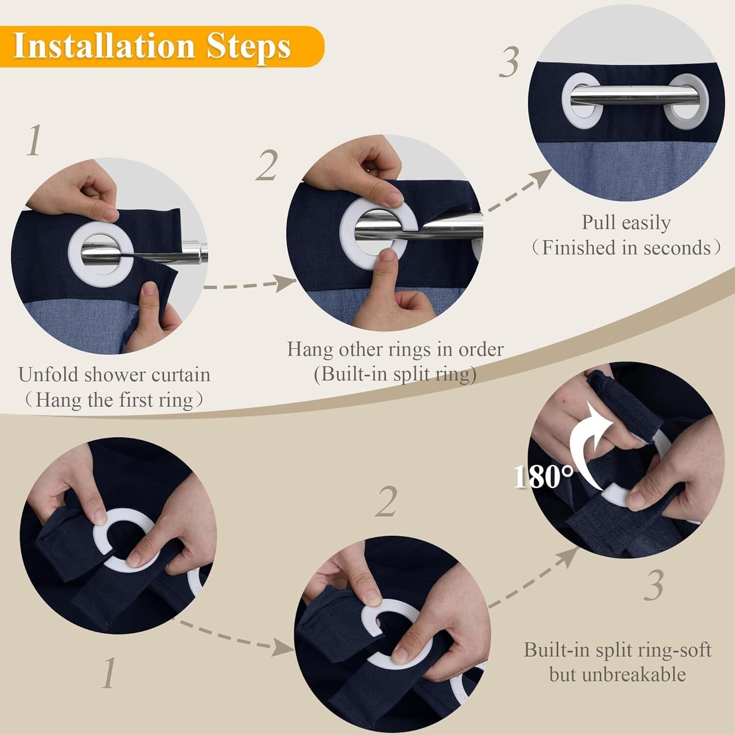 Elegant Navy Blue Shower Curtain with See-Through Top Window - Easy Installation