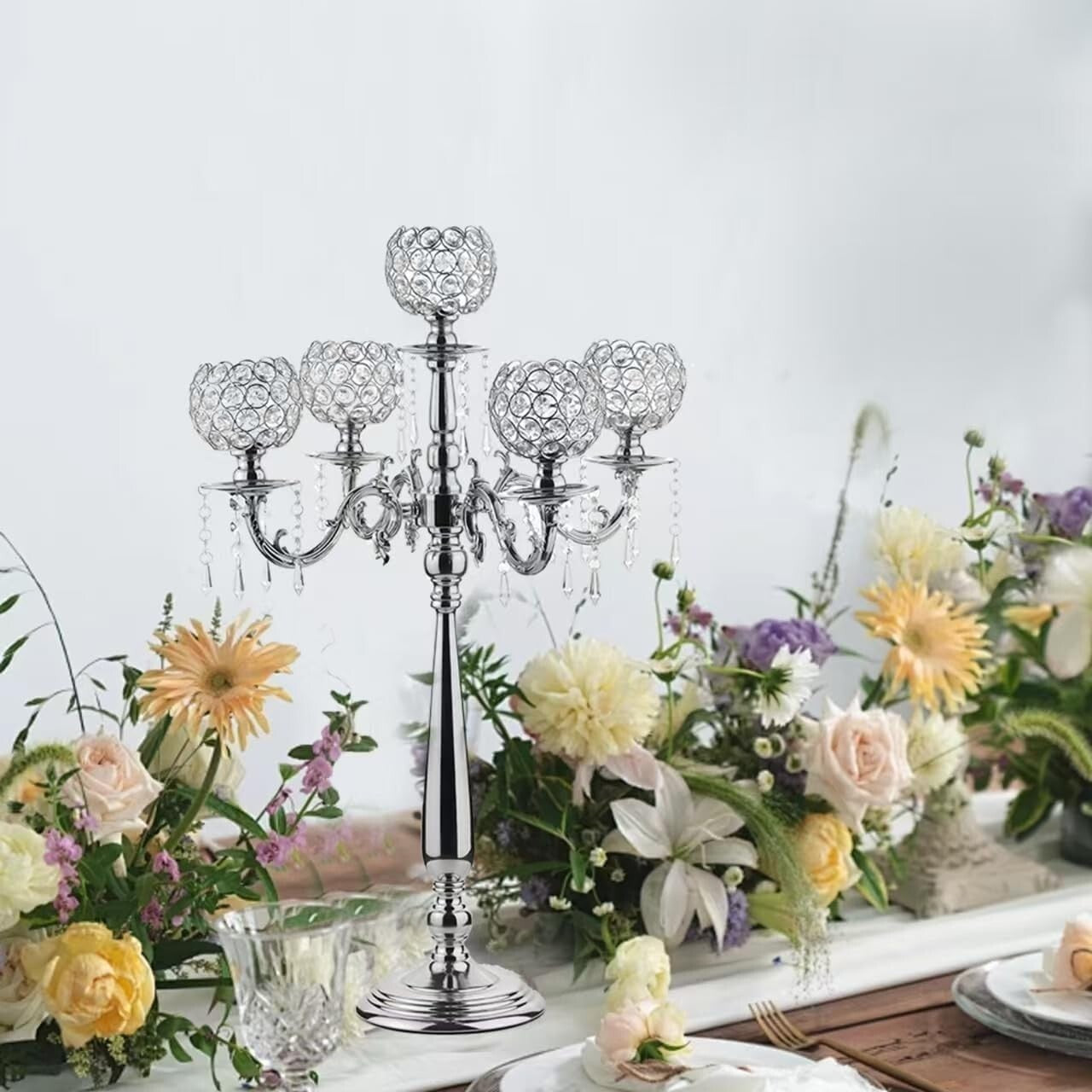Luxury Crystal & Silver Candelabra Holders - 4 Elegant Sets for Special Events