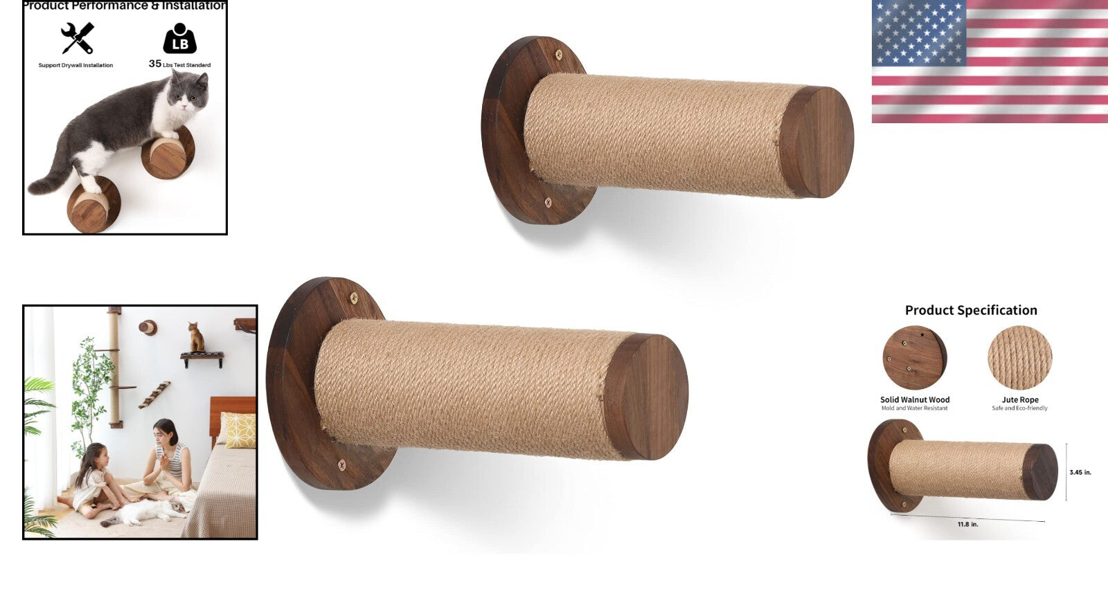 Indoor Cat Wall Shelves - 11.8” Walnut Stairs with Jute Scratch Surface - 2 Sets