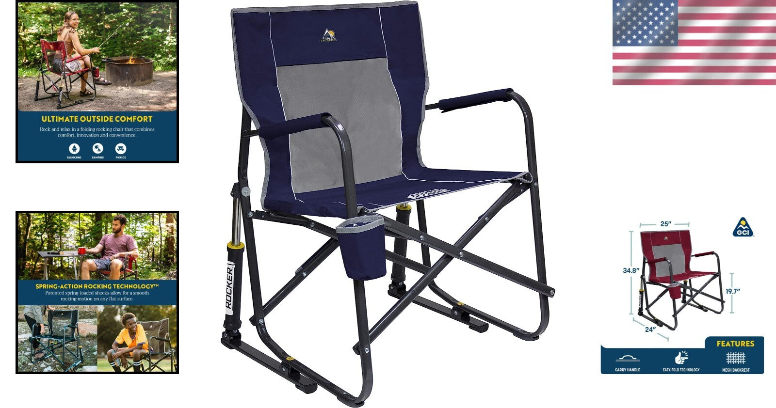 Lightweight Portable Rocking Chair with Armrests & Drink Holder - Indigo