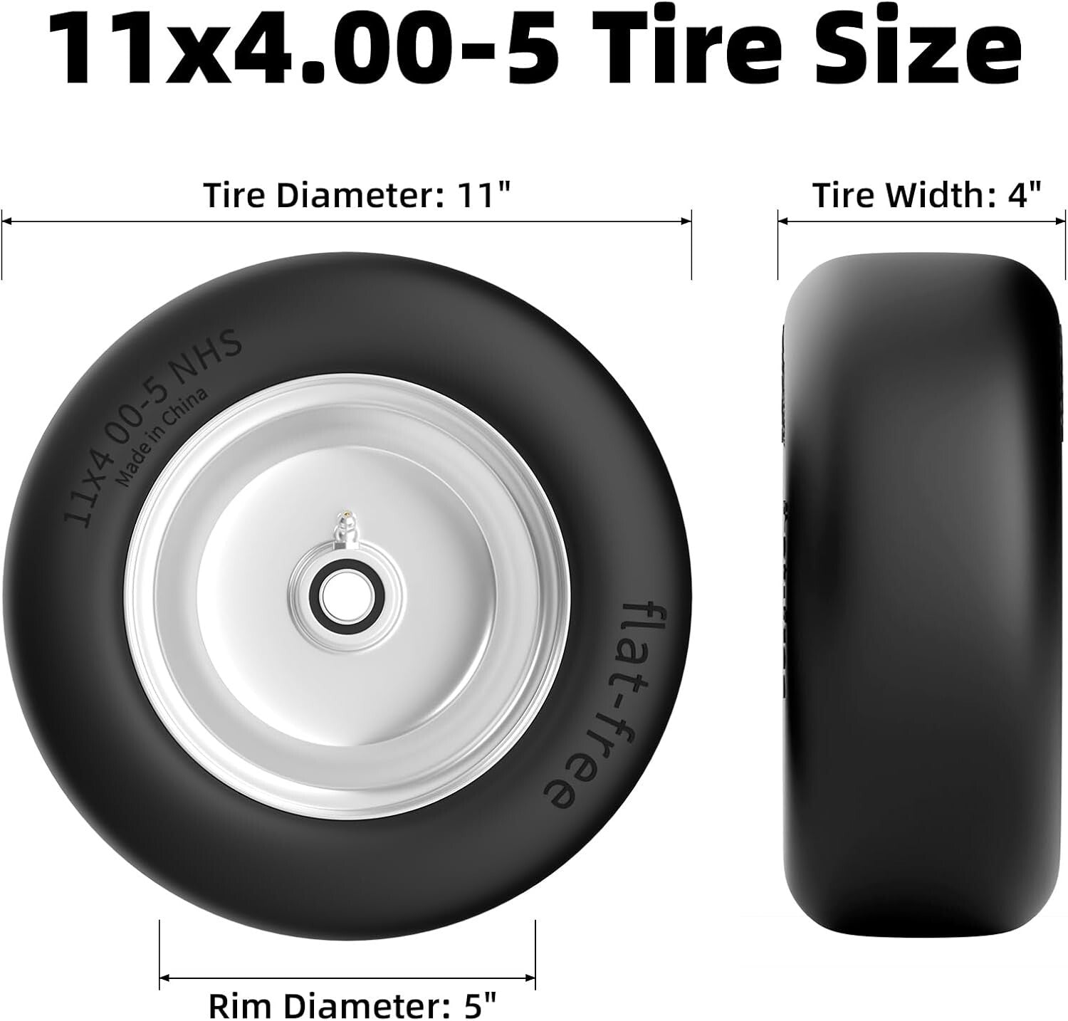 All-Terrain 11x4-5 Flat Free Lawn Mower Tires, 350 Lbs Capacity - Universal Fit