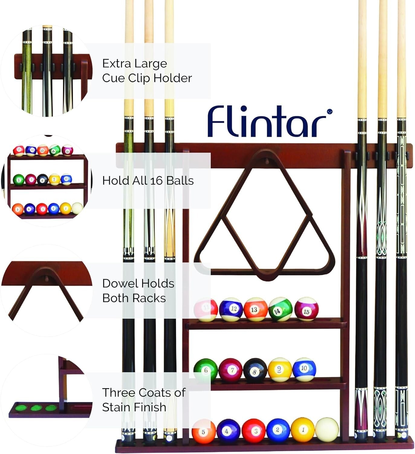 Elegant Black Wall Mount Cue Rack - Holds 6 Cues & 16 Balls - Easy Installation