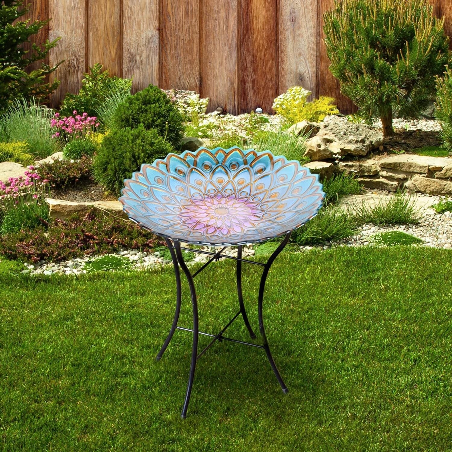 Sturdy 21" Handpainted Flower Glass Bird Bath with Folding Stand for Outdoor Use