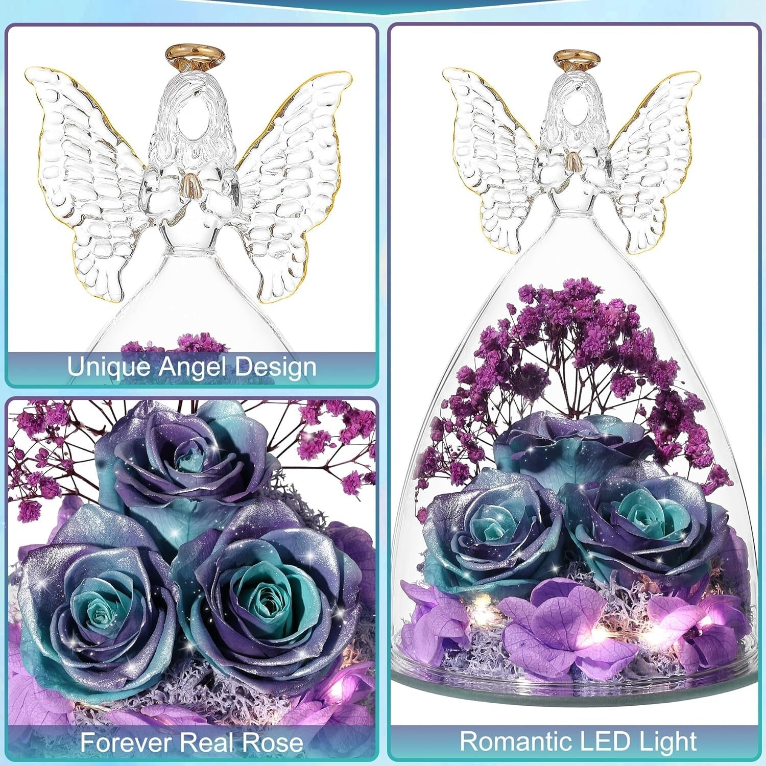 Eternal Roses in Glitter Blue-Purple Glass Angel Gift - Perfect for Mother's Day